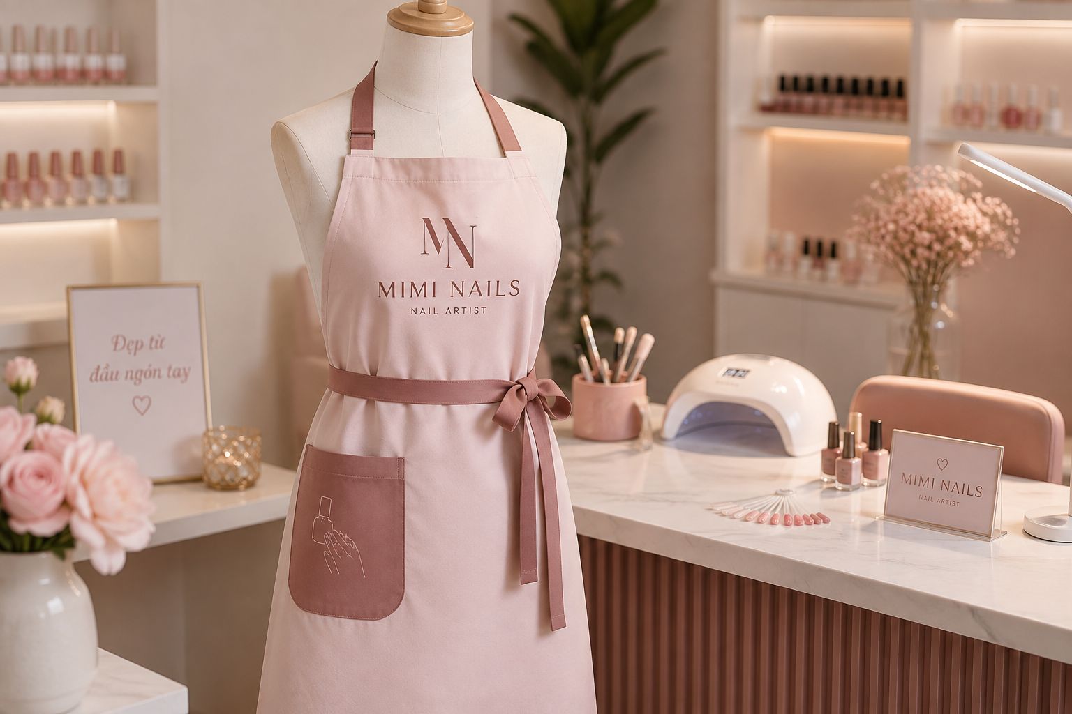 Thiết Kế Bộ Nhận Diện Thương Hiệu Nail Chuyên Nghiệp: 10 Hạng Mục Không Thể Thiếu 6 Đồng phục nhân viên tiệm nail có logo thương hiệu
